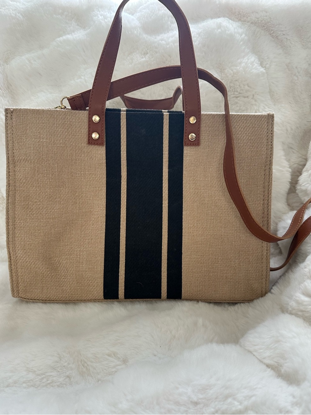 Beige Canvas Tote with Black Center Stripe and Brown Leather Handles
